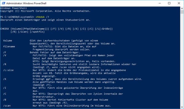 Festplatte überprüfen und reparieren mit chkdsk in der Windows PowerShell