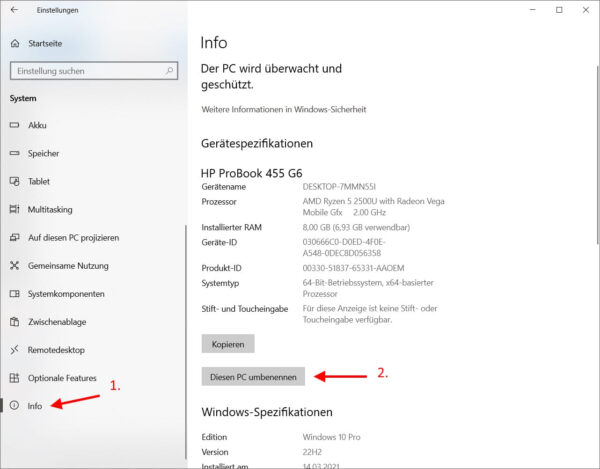 Computernamen ändern in Windows: Info-Bereich der Einstellungen mit hervorgehobener Schaltfläche "Diesen PC umbenennen".