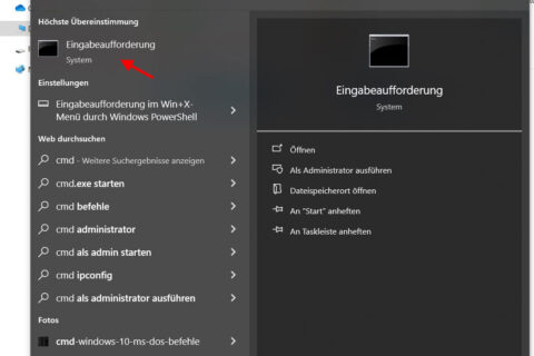 Eingabeaufforderung öffnen über Startmenü in Windows