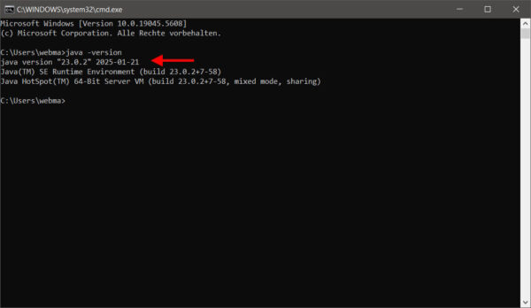 Java-Version in Windows prüfen – java -version Befehl in CMD Kommandozeile zeigt das Ergebnis des Befehls java -version mit installierter Java-Version 23.0.2 unter Windows.