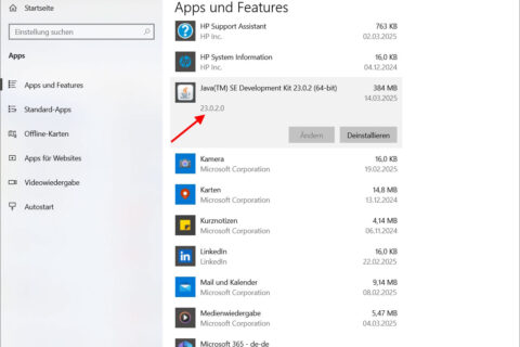 Windows „Apps und Features“-Einstellungen mit installiertem Java SE Development Kit 23.0.2 und der Option zur Deinstallation.