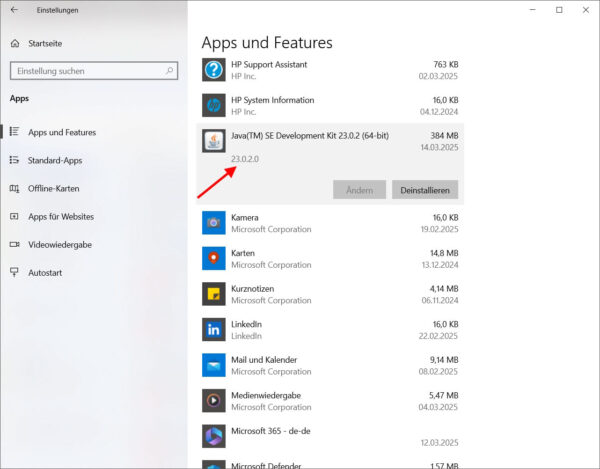 Java Updates suchen und installieren – Java in Windows entfernen Windows „Apps und Features“-Einstellungen mit installiertem Java SE Development Kit 23.0.2 und der Option zur Deinstallation.