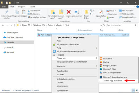Rechtsklick-Menü in Windows 10 mit Option „Andere App auswählen“ zum PDF Dateien öffnen