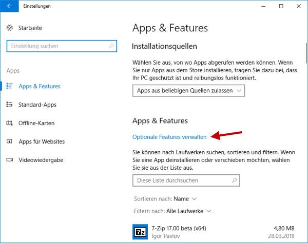 Fenster optionale Features verwalten öffnen, damit man den Windows Media Player deinstallieren kann