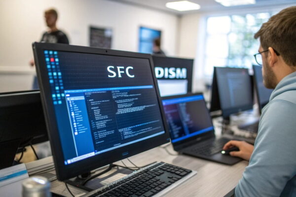 Windows Systemdateien überprüfen – Systemdiagnose & Reparatur Windows Systemdateien überprüfen mit SFC und DISM in der Eingabeaufforderung auf einem modernen Computerbildschirm.