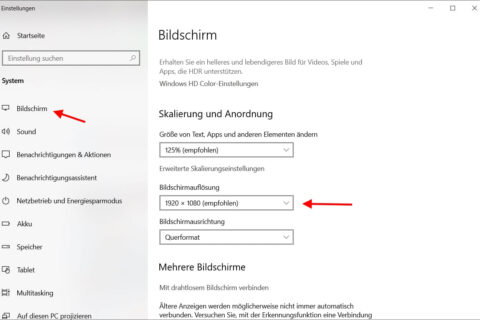 Bildschirmauflösung ändern in Windows 10 – Anzeigeeinstellungen geöffnet
