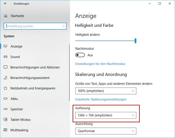 Bildschirmauflösung ändern bei Windows 10