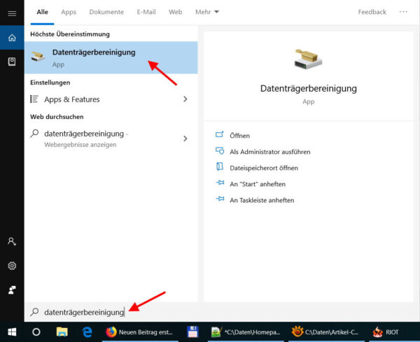 Datenträgerbereinigung in Windows 10 öffnen