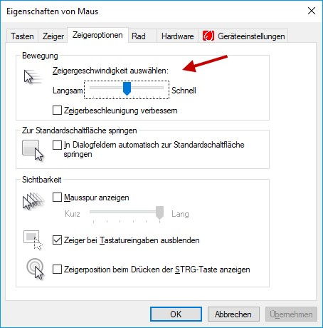 Maus schneller oder langsamer machen bei Windows 10