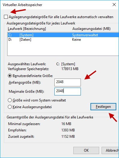 Auslagerungsdatei ändern oder deaktivieren