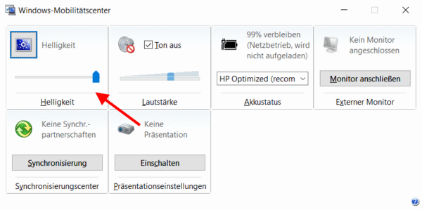 Bildschirmhelligkeit im Mobilitätscenter einstellen