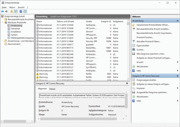 Protokoll Anwendung in der Ereignisnanzeige