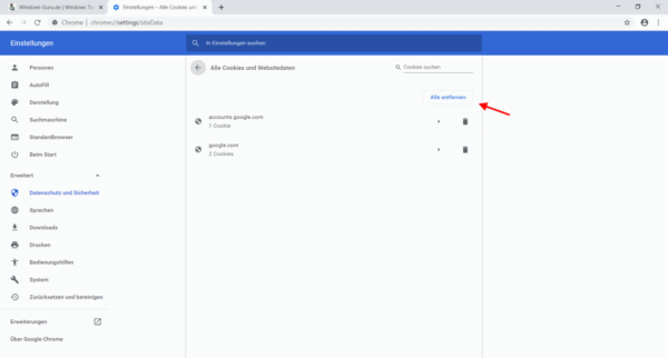 einzelne oder alle Cookies löschen im Google Chrome