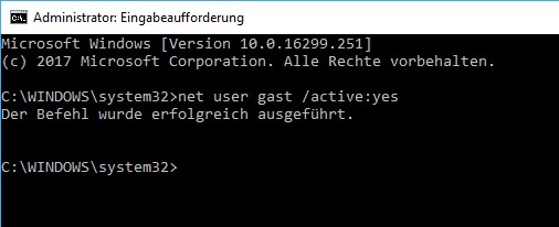 Gastkonto einrichten bzw. aktivieren über die Eingabeaufforderung oder Windows PowerShell