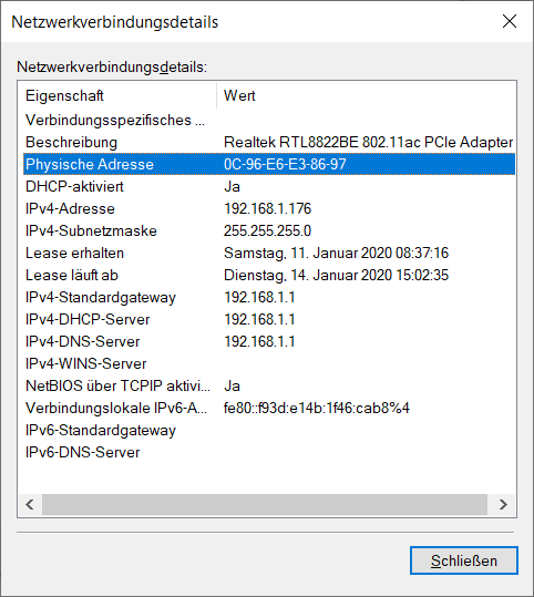 MAC-Adresse in den Netzwerkverbindungsdetails