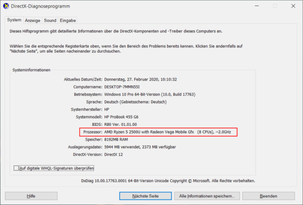 CPU herausfinden im DirectX Diagnoseprogramm