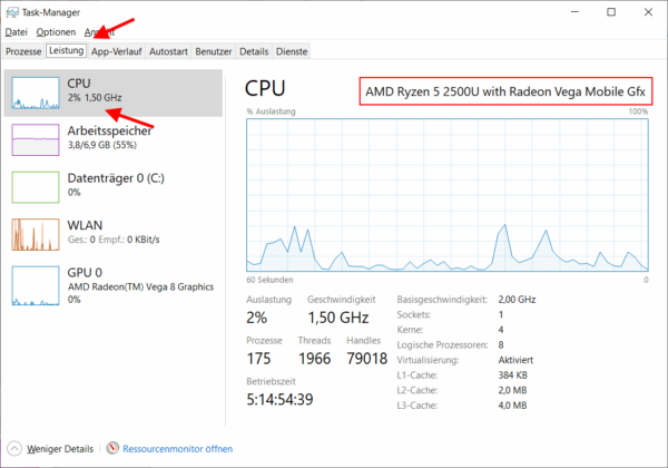 Herausfinden, welche CPU sich im PC befindet im Task-Manager