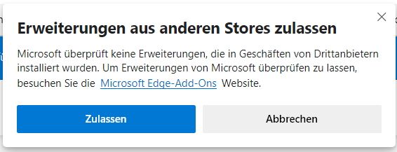 Bestätigung Erweiterungen aus anderen Stores zulassen