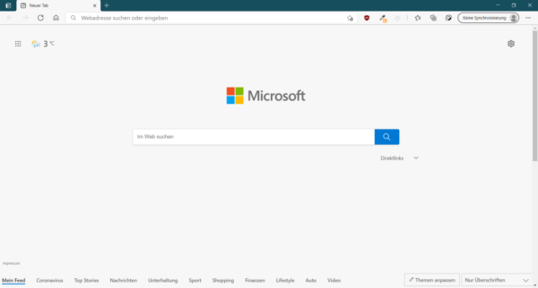 Auslieferungszustand: Bing als Startseite im Edge Chromium