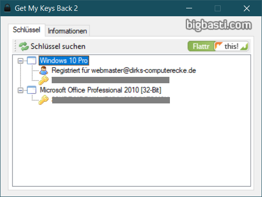 Office Key auslesen mit getmykeysback