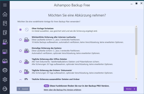 Auswahl der vordefinierten Backup-Pläne