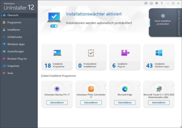 Ashampoo UnInstaller 12 Installationswächter aktiviert