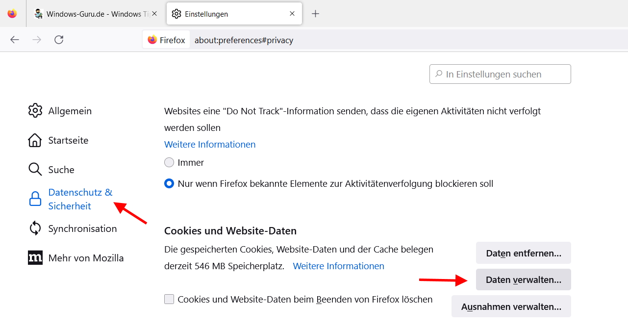 Cookies und WebsiteDaten löschen im Firefox Browser