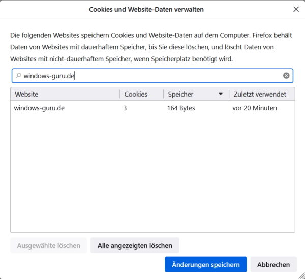 Cookies einer beliebigen besuchten Webseite löschen