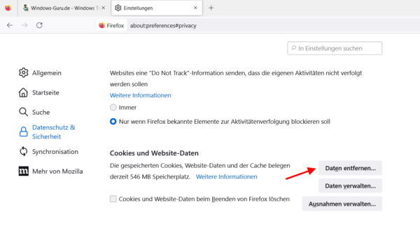 alle Cookies und Website-Daten löschen