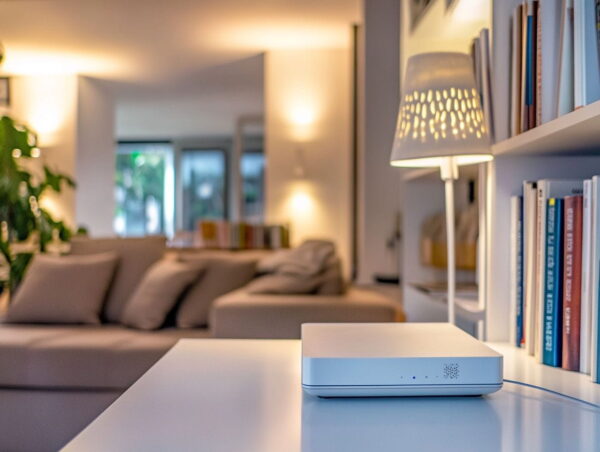 Router mit optimal platzierter WLAN-Antenne auf einem Regal in einem modernen Wohnraum Router mit optimal platzierter WLAN-Antenne auf einem Regal in einem modernen Wohnraum
