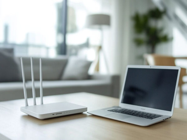 WLAN-Antennen zur Signalverbesserung in einem modernen Wohnraum Router mit WLAN-Antennen zur Verbesserung des WLAN-Signals in einem modernen Wohnzimmer