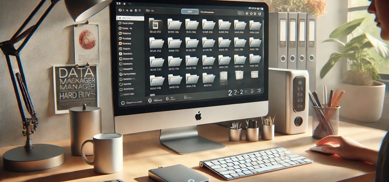 Computerbildschirm mit aufgeräumter Festplatte, Hand hält externe Festplatte zur Datenbereinigung und Pflege