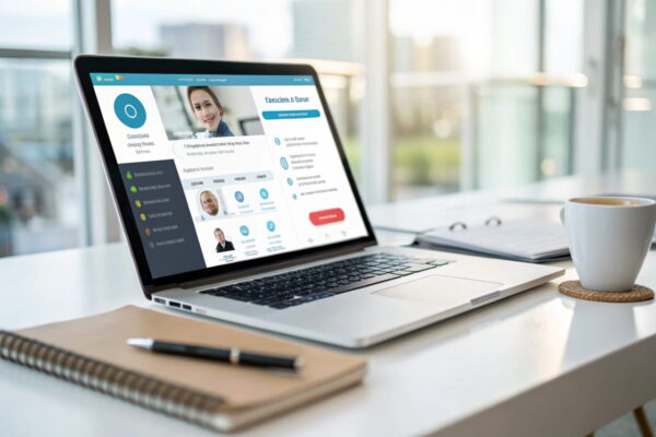 Effizient kommunizieren: Wichtige Funktionen der Kommunikationssoftware Modernes Laptop auf Schreibtisch mit Kommunikationssoftware-Interface, das Funktionen wie Chat, Videoanruf und Dateiübertragung zeigt.