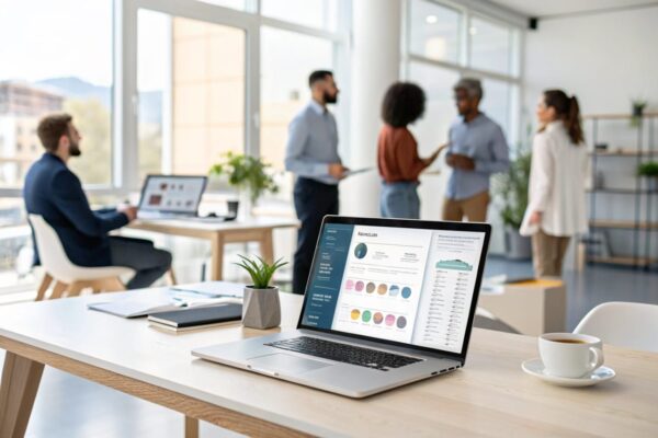 So vereinfacht Kommunikationssoftware deinen Alltag – Visualisierung Moderner Arbeitsplatz mit Laptop, auf dem Kommunikationssoftware angezeigt wird, und einem Team, das zusammenarbeitet.