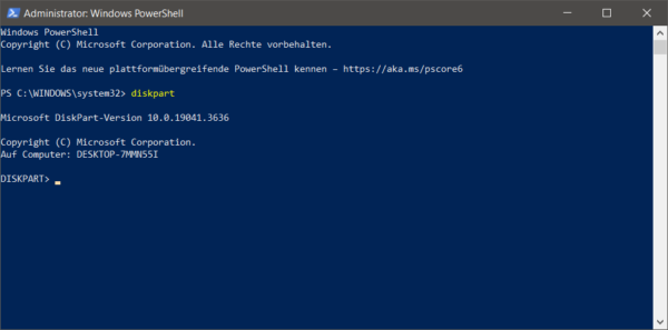 Diskpart in Windows PowerShell gestartet – Festplattenverwaltung Diskpart-Eingabeaufforderung in Windows PowerShell: Start des Diskpart-Tools zur Festplattenverwaltung.