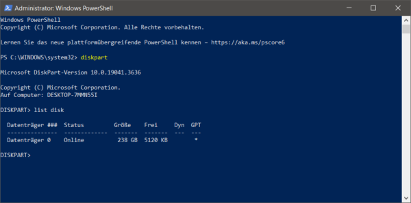 Diskpart-Befehl 'list disk' – Datenträger anzeigen in Windows Diskpart-Befehl 'list disk' in Windows PowerShell zeigt Datenträgerinformationen wie Größe und Status.