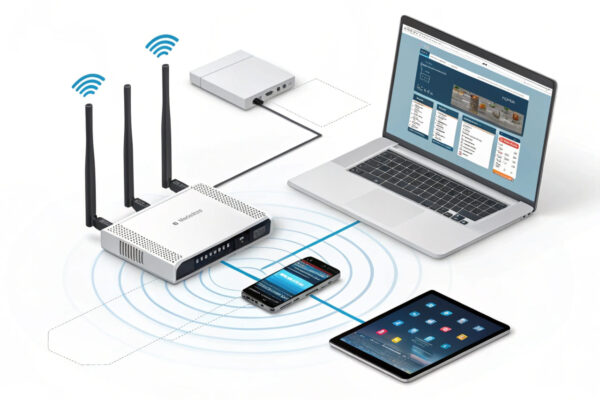Was ist NAT? Router mit IP-Adressübersetzung erklärt Illustration eines Routers mit NAT-Funktion, der private IP-Adressen in eine öffentliche IP-Adresse übersetzt.