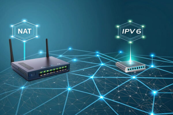 NAT und die Zukunft mit IPv6: Netzwerkentwicklung erklärt Visualisierung des Übergangs von NAT mit IPv4 zu IPv6-Technologie in modernen Netzwerken.
