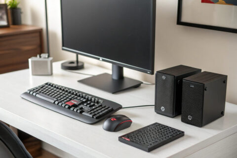 Schreibtisch mit PC-Grundausstattung: Monitor, mechanische Tastatur, ergonomische Maus, externe Festplatte und kompakte Lautsprecher.