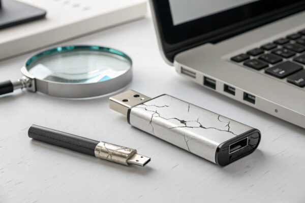 USB Stick wird nicht erkannt: Hardware-Defekt erkennen und lösen Defekter USB-Stick mit verbogenem Anschluss und sichtbaren Schäden auf einem Schreibtisch neben einer Lupe.