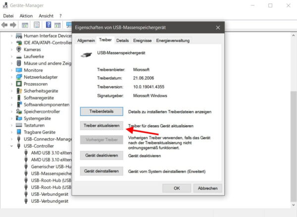USB Stick wird nicht erkannt: Treiber im Geräte-Manager aktualisieren Geräte-Manager mit geöffnetem Fenster zur Treiberaktualisierung für ein USB-Massenspeichergerät unter Windows.