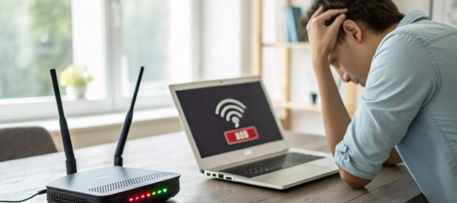 Benutzer schaut frustriert auf Laptop – Netzwerkverbindungsproblem mit WLAN-Router im Hintergrund.