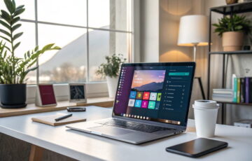 Moderner Arbeitsplatz mit Laptop und alternativer Office-Software.