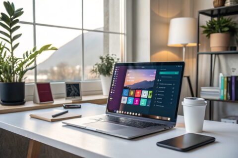 Moderner Arbeitsplatz mit Laptop und alternativer Office-Software.