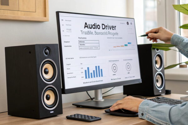 Treibereinstellungen optimieren bei brummenden PC-Lautsprechern Audio-Treibereinstellungen auf einem PC-Bildschirm, um brummende Lautsprecher zu optimieren.