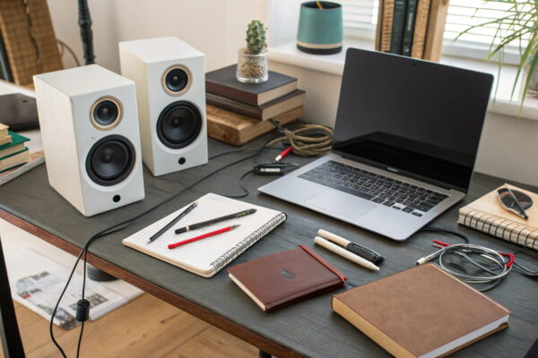 Häufige Ursachen für brummende PC-Lautsprecher erkennen PC-Lautsprecher mit Kabeln, Smartphone und Router – mögliche Ursachen für Brummen.