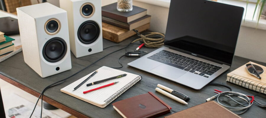PC-Lautsprecher mit Kabeln, Smartphone und Router – mögliche Ursachen für Brummen.