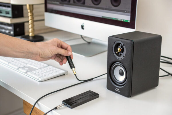 Kabel prüfen bei brummenden PC-Lautsprechern – Tipps zur Fehlerbehebung Hand steckt ein Audiokabel in PC-Lautsprecher, um Brummen zu beheben.