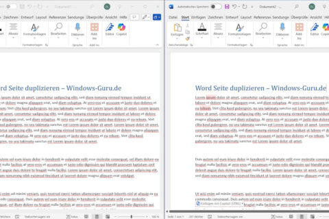Screenshot von Microsoft Word mit geöffneten Dokumenten, die das Duplizieren von Seiten zeigen, Fokus auf Layout und Textformatierung.