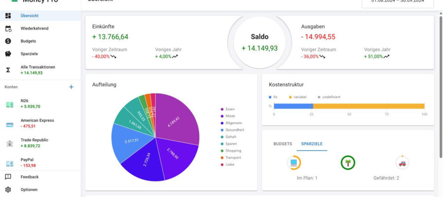 Screenshot der Finanzübersicht in Ashampoo Money Pro mit Einnahmen, Ausgaben, Saldo, Kontoständen, Budgetplanung und grafischer Kostenaufteilung.